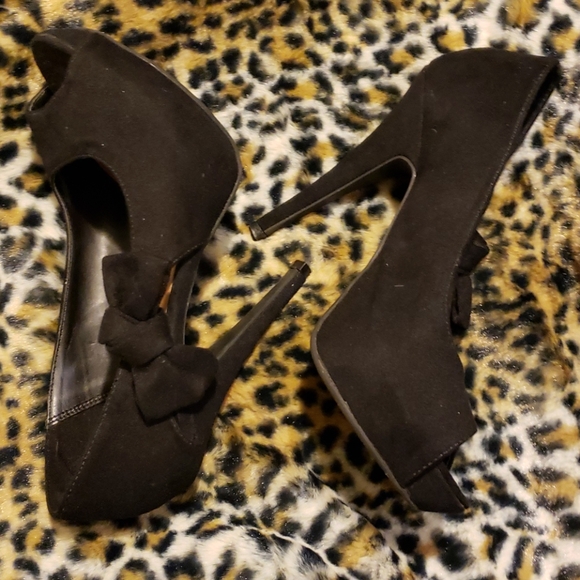 Peep toe black bow high heels pinup style peeptoe - Picture 5 of 8